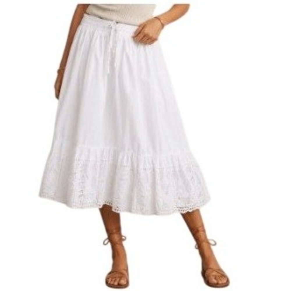Moon River Eyelet Midi Skirt M White Cotton Floral Embroidery Feminine Boho Chic